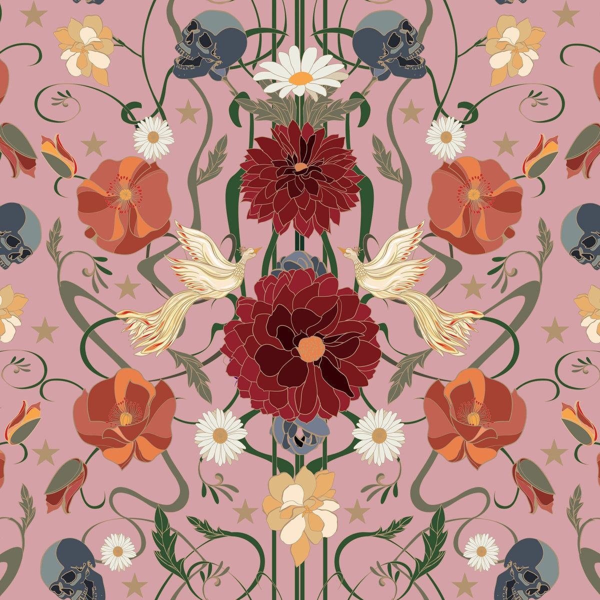 Pink Dahlia wallpaper with burgundy flowers, ivory birds, and skulls on mauve background.