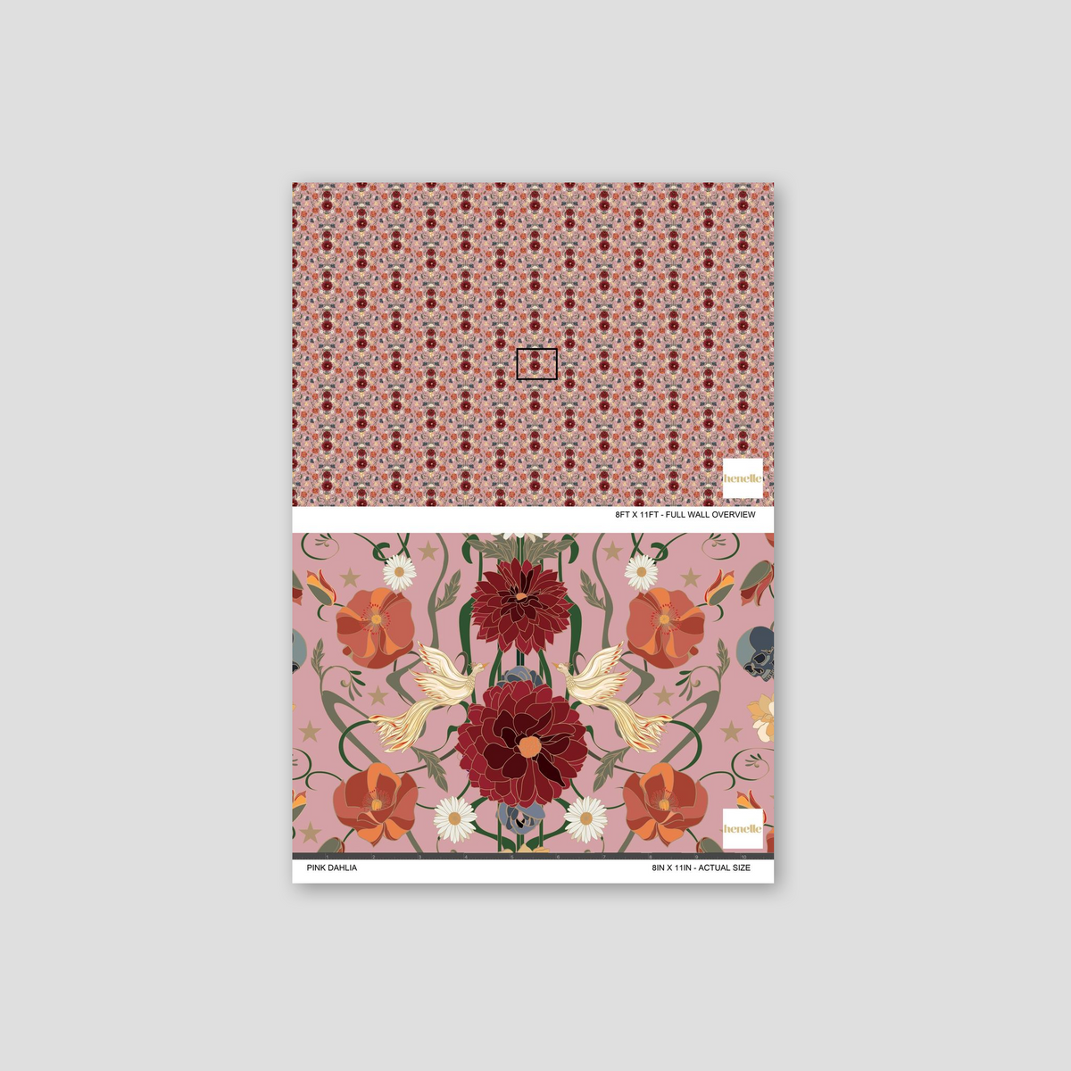 Pink Dahlia wallpaper with burgundy and orange flowers, ivory birds, and skulls on mauve background.