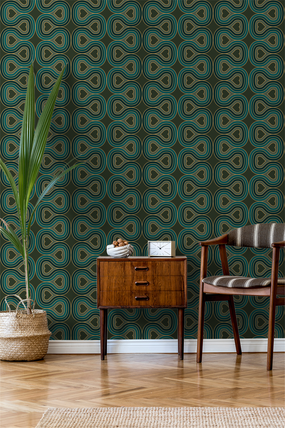Retro avocado heart pattern wallpaper in vintage living room setting.