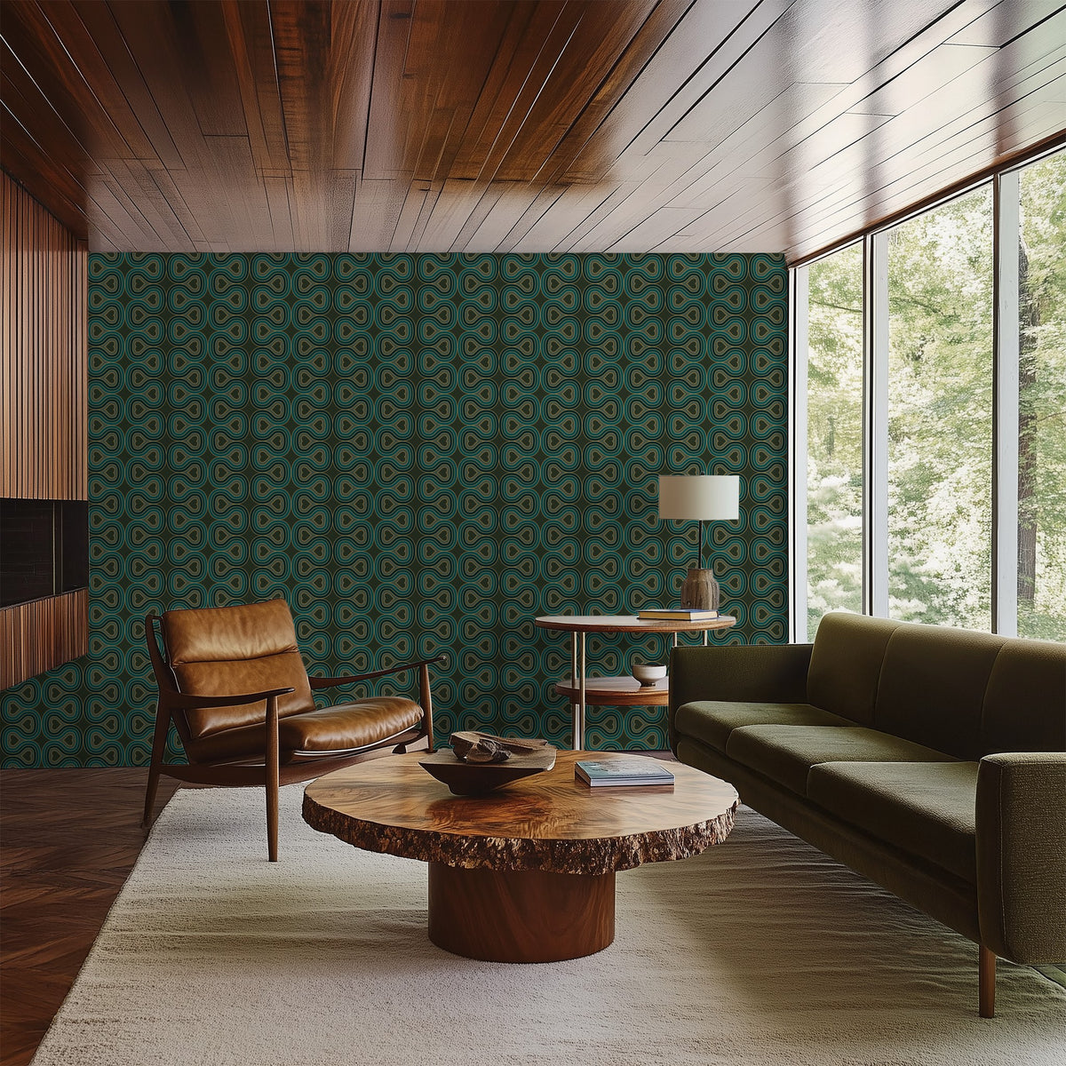 Retro 1970s-inspired wallpaper with linear hearts and wavy lines in a modern living room.