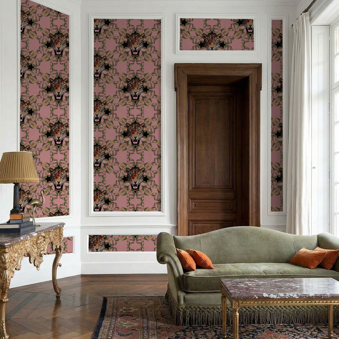 Starlight Leopard Blush wallpaper with leopard face and foliage in elegant living room.