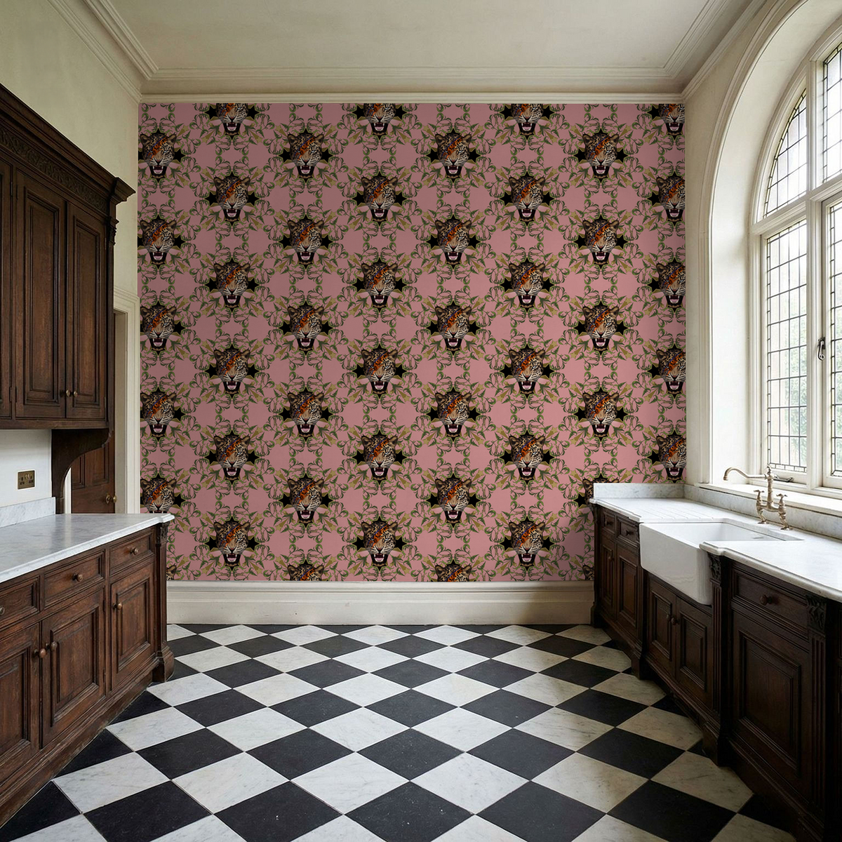 Bold leopard face wallpaper with green leaves and stars on pink background in a kitchen.