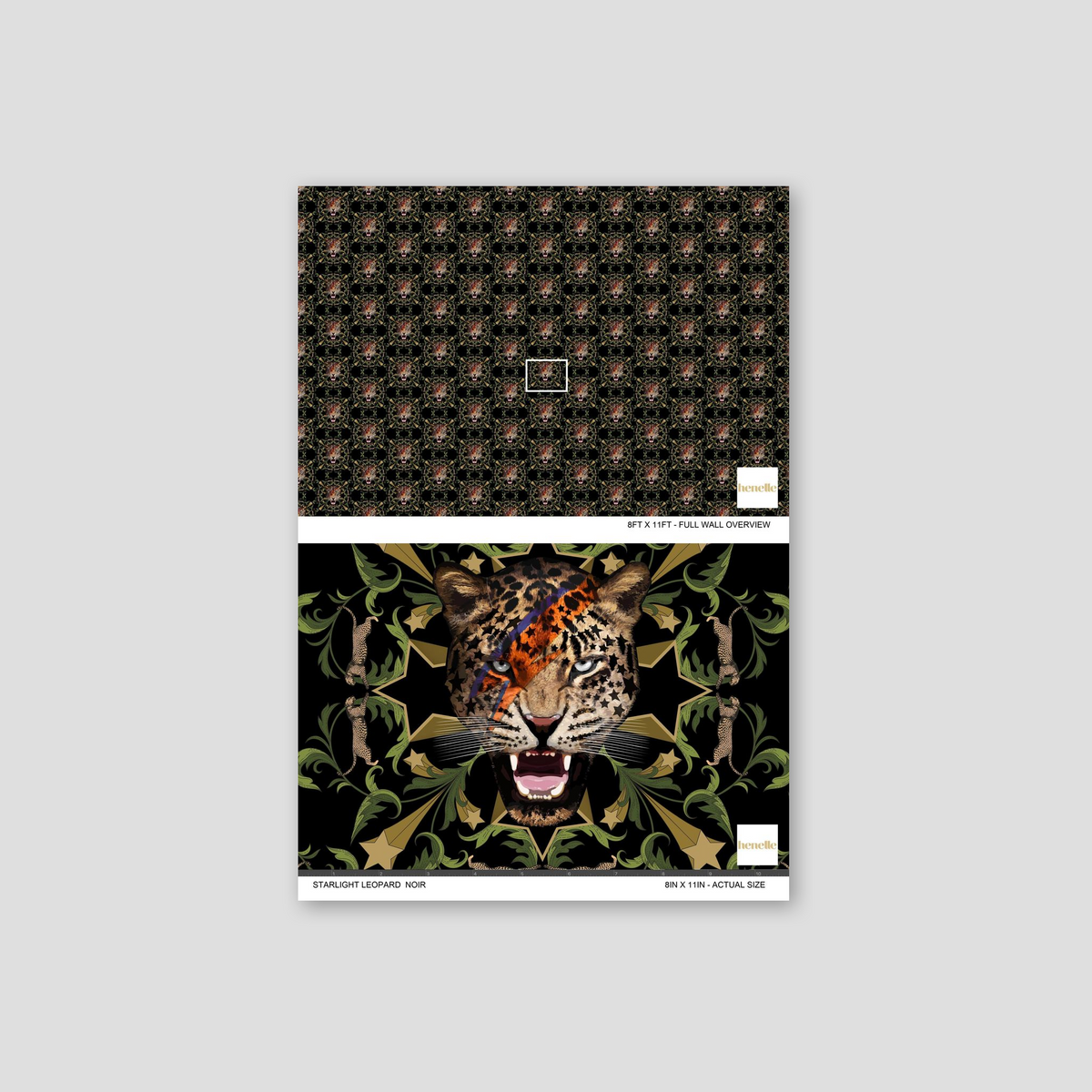 Starlight Leopard Noir wallpaper with vivid leopard heads and stars on black background.