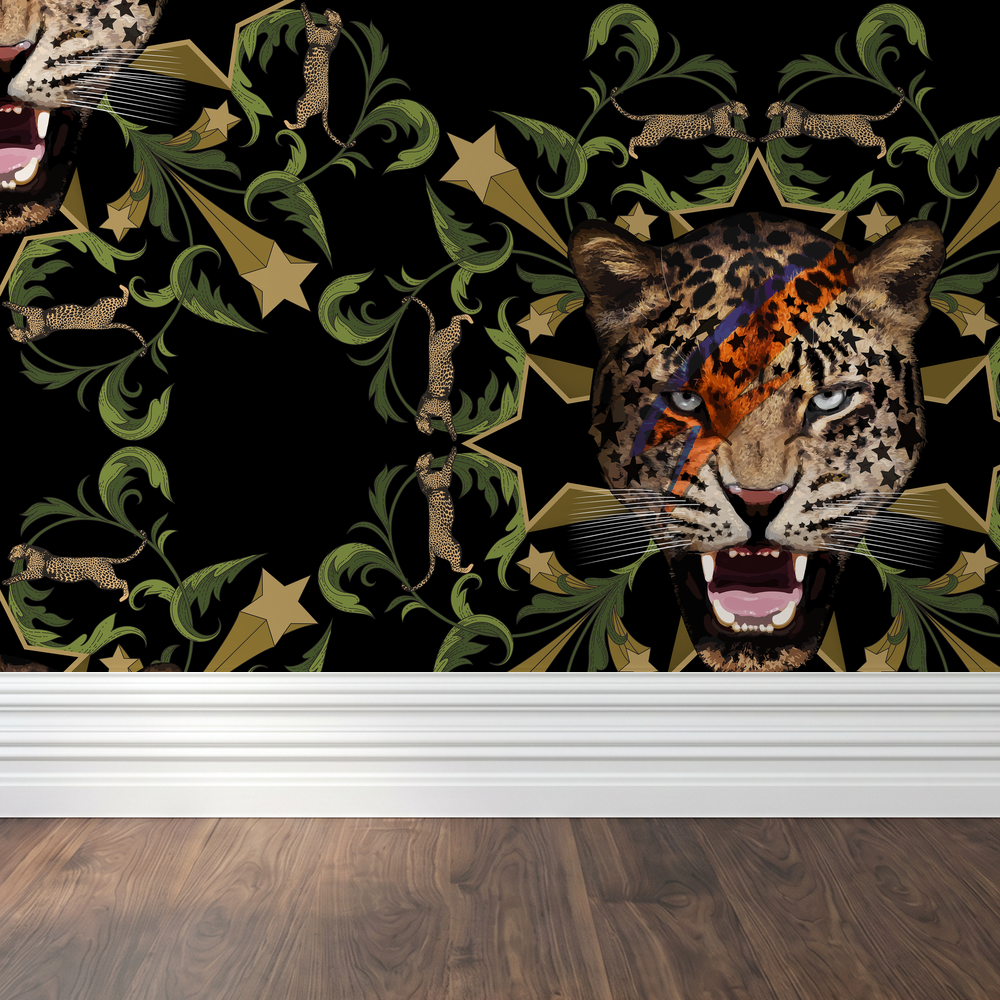 Starlight Leopard Wallpaper Noir with leopard heads, stars, foliage on black background.